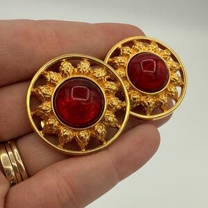 Fendi Gold and Red Sunburst Clip-on Earrings